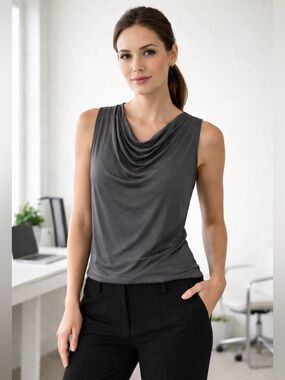 Worthington Gray Draped Cowl Neck Sleeveless Top Stretchy Career Blouse
